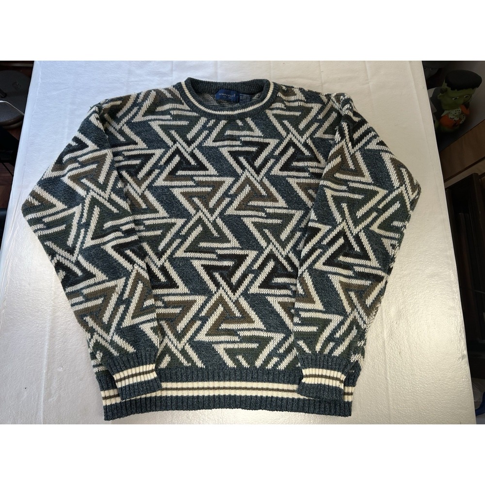 Vintage Towncraft Mens XLT Geometric Knit Wool Blend Grandpa Sweater Made Korea